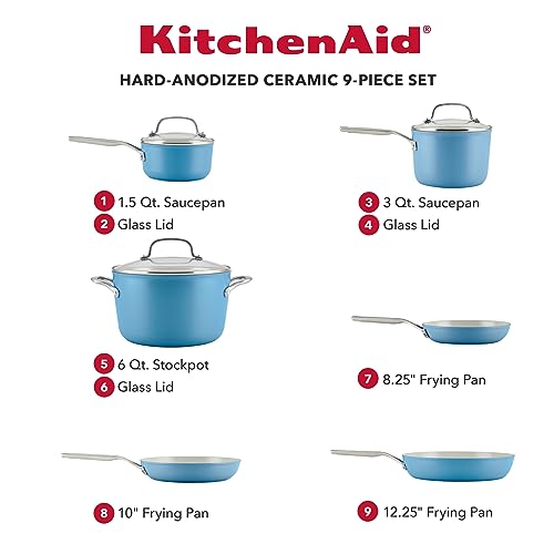 KitchenAid Hard Anodized Ceramic Nonstick Cookware Pots and Pans Set, 9 Piece, Blue Velvet