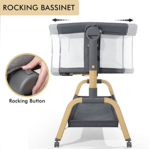 Jimglo 3 in 1 Baby Bassinet, Bedside Bassinet for Baby, Rocking Bassinet with Storage Basket and Wheels, Adjustable Height Bassinet Bedside Sleeper, Easy Folding Portable Crib for Newborn