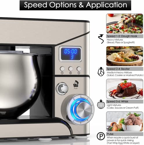 Stand Mixer, 1200W Stainless Steel Mixer 5.3-QT LCD Display Food Mixer, 6+P Speed itchen Electric Mixer Tilt-Head Mixer with Stainless Steel Bowl, Dough Hook, Beater, Whisk
