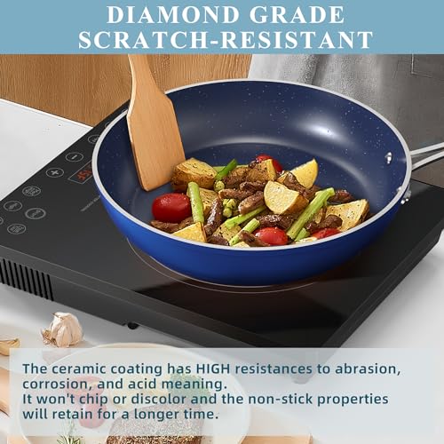 Nuwave Healthy Duralon Blue Ceramic Nonstick Coated Cookware Set, Diamond Infused Scratch-Resistant, PTFE & PFOA Free, Oven Safe, Induction Ready & Evenly Heats, Tempered Glass Lids & Stay-Cool Handle