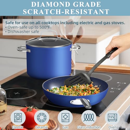 Nuwave Healthy Duralon Blue Ceramic Nonstick Coated Cookware Set, Diamond Infused Scratch-Resistant, PTFE & PFOA Free, Oven Safe, Induction Ready & Evenly Heats, Tempered Glass Lids & Stay-Cool Handle
