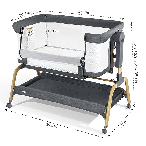 Jimglo 3 in 1 Baby Bassinet, Bedside Bassinet for Baby, Rocking Bassinet with Storage Basket and Wheels, Adjustable Height Bassinet Bedside Sleeper, Easy Folding Portable Crib for Newborn