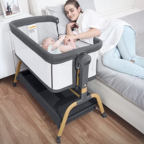 Jimglo 3 in 1 Baby Bassinet, Bedside Bassinet for Baby, Rocking Bassinet with Storage Basket and Wheels, Adjustable Height Bassinet Bedside Sleeper, Easy Folding Portable Crib for Newborn