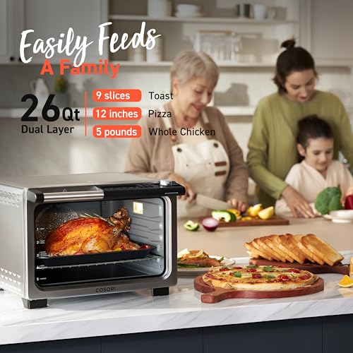COSORI 11-in-1 26-Quart Ceramic Toaster Oven Air Fryer Combo, Flat-Sealed Heating Elements for Easy Cleanup, Innovative Burner Function, Christmas Gifts, 5 Accessories & Recipes, CCO-R252-SUS