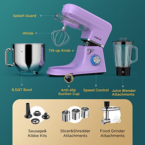 COOKLEE 6-IN-1 Stand Mixer, 8.5 Qt. Multifunctional Electric Kitchen Mixer with 9 Accessories for Most Home Cooks, SM-1507BM, Lavender
