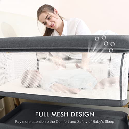 Jimglo 3 in 1 Baby Bassinet, Bedside Bassinet for Baby, Rocking Bassinet with Storage Basket and Wheels, Adjustable Height Bassinet Bedside Sleeper, Easy Folding Portable Crib for Newborn