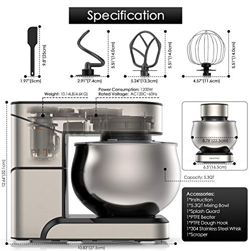 Stand Mixer, 1200W Stainless Steel Mixer 5.3-QT LCD Display Food Mixer, 6+P Speed itchen Electric Mixer Tilt-Head Mixer with Stainless Steel Bowl, Dough Hook, Beater, Whisk