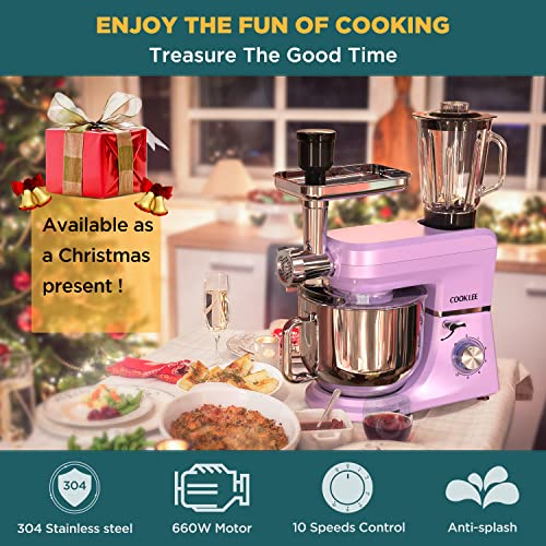 COOKLEE 6-IN-1 Stand Mixer, 8.5 Qt. Multifunctional Electric Kitchen Mixer with 9 Accessories for Most Home Cooks, SM-1507BM, Lavender