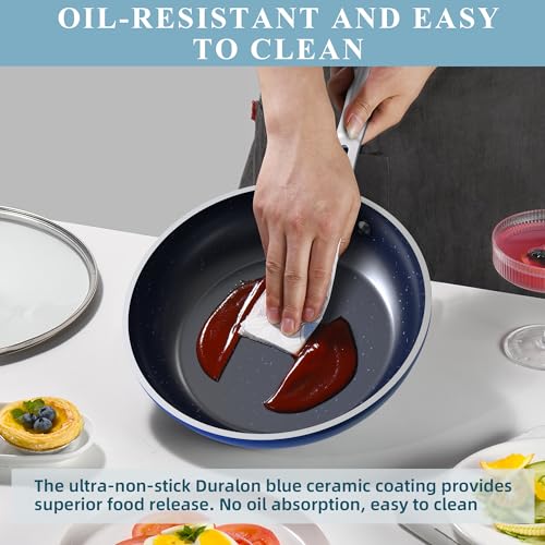 Nuwave Healthy Duralon Blue Ceramic Nonstick Coated Cookware Set, Diamond Infused Scratch-Resistant, PTFE & PFOA Free, Oven Safe, Induction Ready & Evenly Heats, Tempered Glass Lids & Stay-Cool Handle