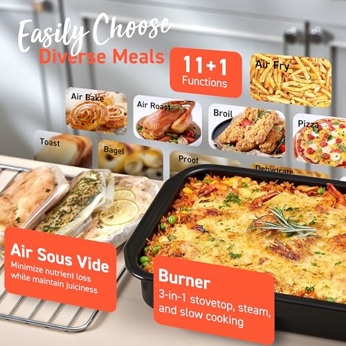 COSORI 11-in-1 26-Quart Ceramic Toaster Oven Air Fryer Combo, Flat-Sealed Heating Elements for Easy Cleanup, Innovative Burner Function, Christmas Gifts, 5 Accessories & Recipes, CCO-R252-SUS