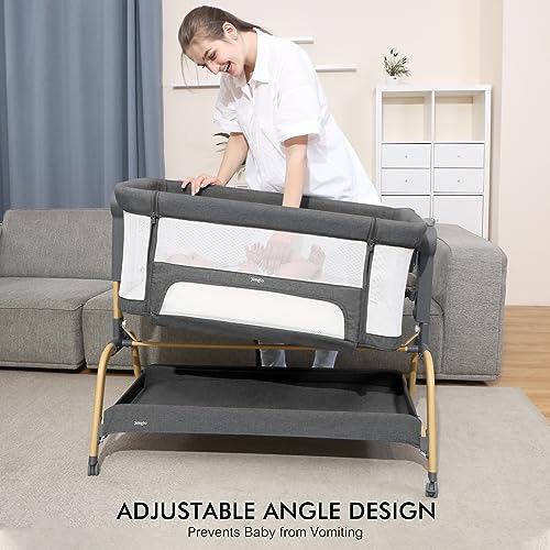 Jimglo 3 in 1 Baby Bassinet, Bedside Bassinet for Baby, Rocking Bassinet with Storage Basket and Wheels, Adjustable Height Bassinet Bedside Sleeper, Easy Folding Portable Crib for Newborn