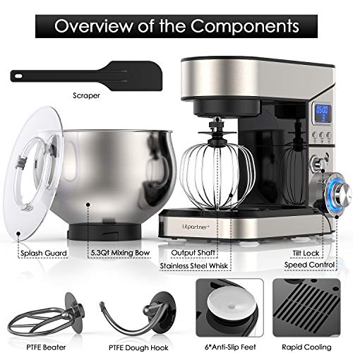 Stand Mixer, 1200W Stainless Steel Mixer 5.3-QT LCD Display Food Mixer, 6+P Speed itchen Electric Mixer Tilt-Head Mixer with Stainless Steel Bowl, Dough Hook, Beater, Whisk