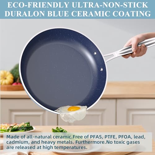 Nuwave Healthy Duralon Blue Ceramic Nonstick Coated Cookware Set, Diamond Infused Scratch-Resistant, PTFE & PFOA Free, Oven Safe, Induction Ready & Evenly Heats, Tempered Glass Lids & Stay-Cool Handle