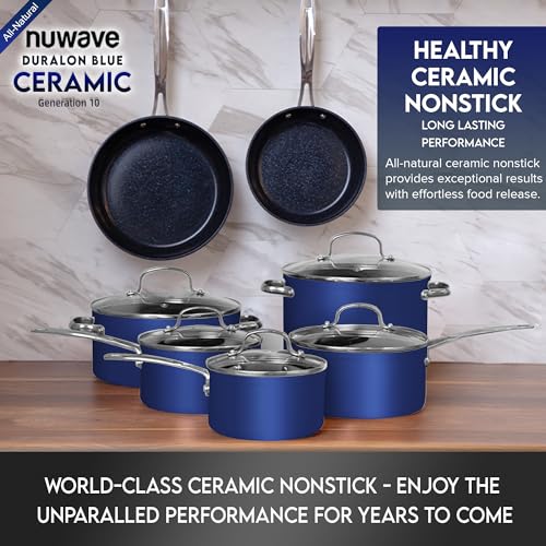 Nuwave Healthy Duralon Blue Ceramic Nonstick Coated Cookware Set, Diamond Infused Scratch-Resistant, PTFE & PFOA Free, Oven Safe, Induction Ready & Evenly Heats, Tempered Glass Lids & Stay-Cool Handle