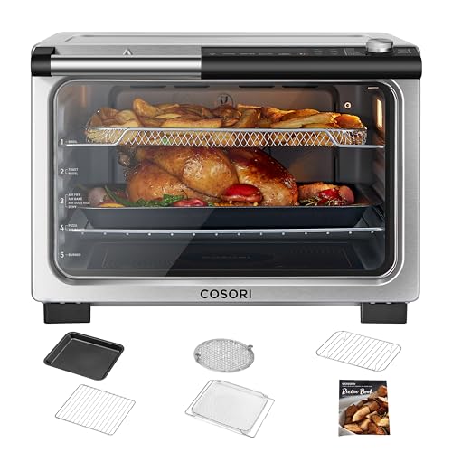 COSORI 11-in-1 26-Quart Ceramic Toaster Oven Air Fryer Combo, Flat-Sealed Heating Elements for Easy Cleanup, Innovative Burner Function, Christmas Gifts, 5 Accessories & Recipes, CCO-R252-SUS
