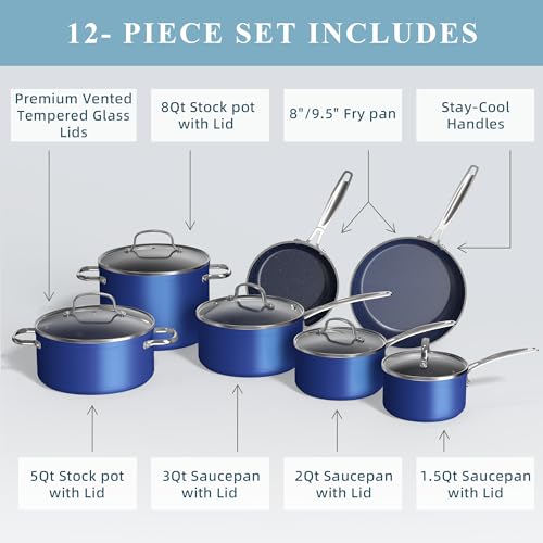 Nuwave Healthy Duralon Blue Ceramic Nonstick Coated Cookware Set, Diamond Infused Scratch-Resistant, PTFE & PFOA Free, Oven Safe, Induction Ready & Evenly Heats, Tempered Glass Lids & Stay-Cool Handle