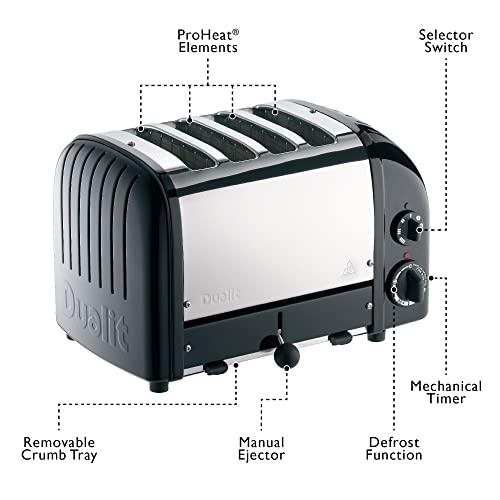 Dualit Classic 4 Slice NewGen Matt Black Toaster - Hand Built in the UK – Replaceable ProHeat Elements - Heat 1/2/3/4 Toast Slices, Defrost Bread, Mechanical Timer - For Toast, Bagels & More