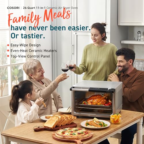 COSORI 11-in-1 26-Quart Ceramic Toaster Oven Air Fryer Combo, Flat-Sealed Heating Elements for Easy Cleanup, Innovative Burner Function, Christmas Gifts, 5 Accessories & Recipes, CCO-R252-SUS