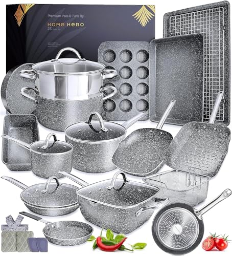 Home Hero Pots and Pans Set Non Stick - 23 Pcs All-In-One Induction Granite Cookware Set + Bakeware Set - Non Toxic, PFOA Free, Oven Safe Pot and Pan Set - (23 Pcs Set - Granite Cookware)